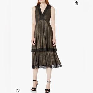 Taylor Dresses Women's Cap Sleeve Gold Liquid Pleated Midi Dress, 8